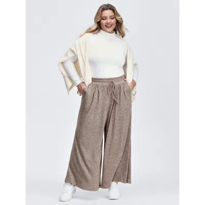 Bloomchic Women's Plus Size Mixed Color Knit Pleated Drawstring Pants Lightbrown Non Wide Leg Mid Rise Casual  In Brown