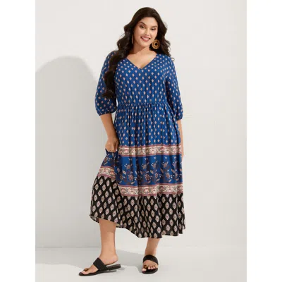 Bloomchic Women's Plus Size Mixed Floral Print Pockets Midi Dress Darkblue Bohemian Print Midi Vacation Elasti In Blue
