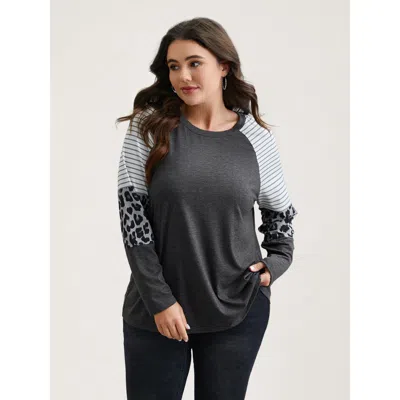 Bloomchic Women's Plus Size Mixed Leopard Print Raglan Sleeve T-shirt Dimgray Else Casual Long Sleeve Round Ne