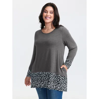 Bloomchic Women's Plus Size Mixed Material Layered Leopard Print T-shirt Dimgray Animal Motif Casual Extra Lon