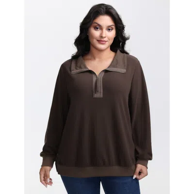 Bloomchic Women's Plus Size Mixed Material Spliced Collar Sweatshirt Darkbrown Casual 12/l In Brown