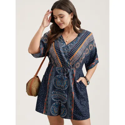 Bloomchic Women's Plus Size Mixed Ornate Print Pockets Romper Darkblue Not Graphics Vacation No Stretch 30/6x In Blue