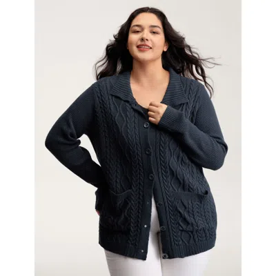 Bloomchic Women's Plus Size Mixed Texture Cable Stitch Pockets Knit Cardigan Indigo Long Sleeve 14-16/1x In Purple