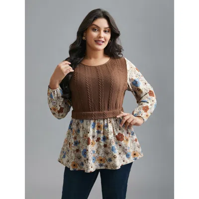 Bloomchic Women's Plus Size Mixed Texture Floral Combined Blouse Multicolor Floral Everyday Long Sleeve 18-20/