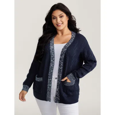 Bloomchic Women's Plus Size Mixed-yarn Color Contrast Pockets Knit Cardigan Indigo Long Sleeve 10/m In Purple