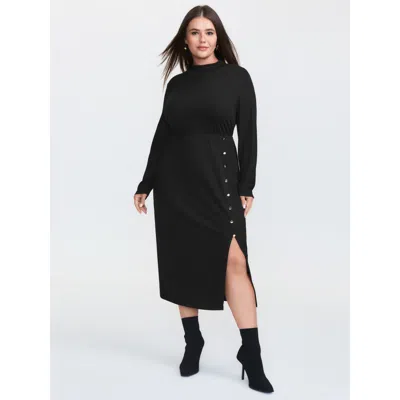 Bloomchic Women's Plus Size Mock Neck Button Waist-defining Midi Dress Pureblack Non Midi Office 22-24/3x