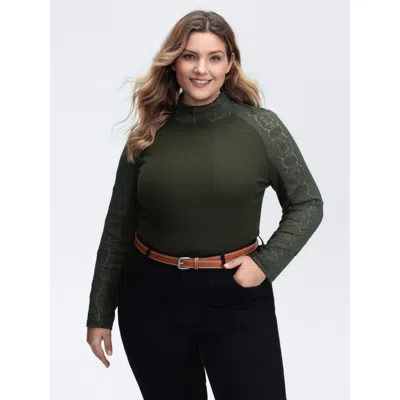 Bloomchic Women's Plus Size Mock Neck Lace Splicing Ribbed Texture T-shirt Armygreen Non Casual Long Sleeve 10