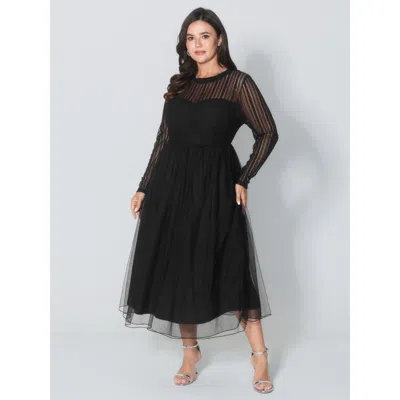 Bloomchic Women's Plus Size Mock Neck Sheer Stretchy Midi Dress Black Solid Midi Party Mesh Panel 12/l