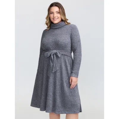 Bloomchic Women's Plus Size Mock Neck Waist Defining Midi Dress Darkblue Non Knee Casual Tie Knot 10/m In Blue