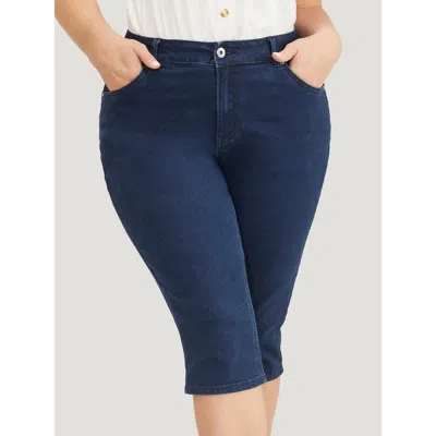 Bloomchic Women's Plus Size Moderately Stretchy High Rise Knee Denim Shorts Midnight Plain Skinny Fit Medium S In Blue