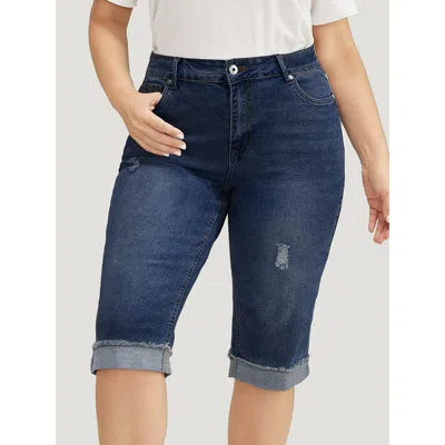 Bloomchic Women's Plus Size Moderately Stretchy Roll Hem Ripped Knee Denim Shorts Darkblue Plain Straight Fit  In Blue