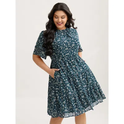 Bloomchic Women's Plus Size Monochromatic Floral Stretchy Waist Mini Dress Cyan Ditsy Floral Mini Elegant Ruch In Blue