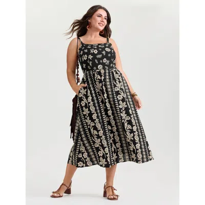 Bloomchic Women's Plus Size Monochrome Boho Print Pockets Midi Dress Black Floral Midi Vacation Gathered 22-24