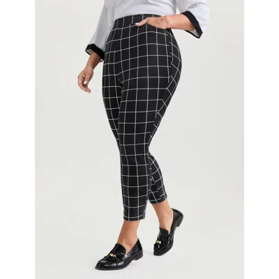 Bloomchic Women's Plus Size Monochrome Checkered Print Pull-on Pants Pureblack Plaid Skinny Fit Mid Rise Offic
