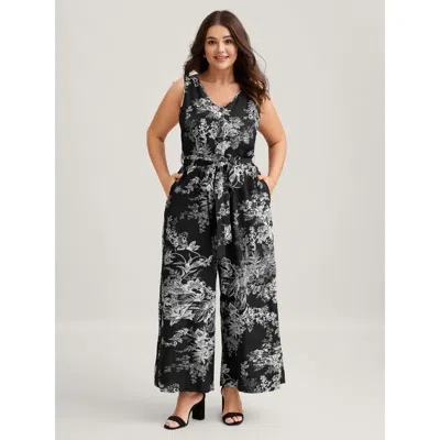 Bloomchic Women's Plus Size Monochrome Floral Buttons Pockets Jumpsuit Black Elegant 26/4x