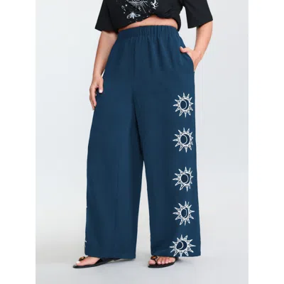 Bloomchic Women's Plus Size Monochrome Floral Pattern Pants Aegean Sun Tapered Ankle Mid Rise Vacation 10/m In Blue