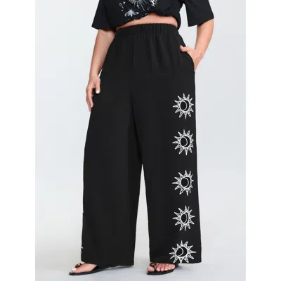 Bloomchic Women's Plus Size Monochrome Floral Pattern Pants Blackflower Sun Tapered Ankle Mid Rise Vacation 18