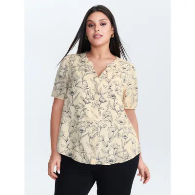 Bloomchic Women's Plus Size Monochrome Floral Print Button-down Blouse Ivory Floral Office Short Sleeve 10/m In White