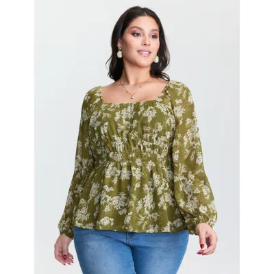 Bloomchic Women's Plus Size Monochrome Floral Print Shirred Waist Blouse Olive Floral Elegant Long Sleeve Squa In Green