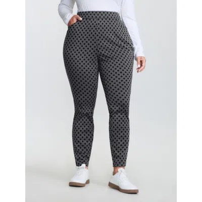 Bloomchic Women's Plus Size Monochrome Floral Print Stretchy Pants Dimgray Polka Dots Skinny Fit Mid Rise Casu