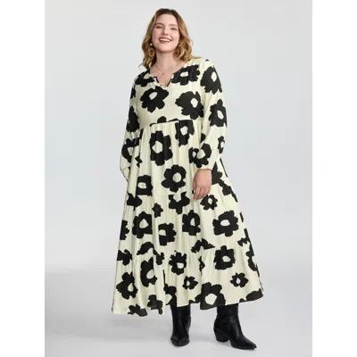 Bloomchic Women's Plus Size Monochrome Floral Print Tiered Maxi Dress Ivory Floral Maxi Casual Non 14-16/1x In White