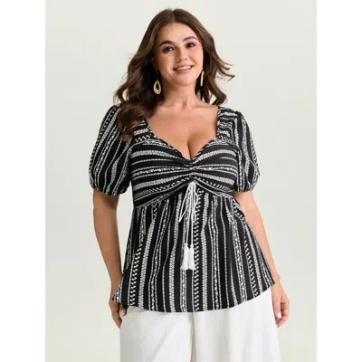 Bloomchic Women's Plus Size Monochrome Floral Stripe Babydoll Blouse Black Stripes Vacation Short Sleeve 18-20