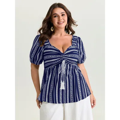 Bloomchic Women's Plus Size Monochrome Floral Stripe Babydoll Blouse Navy Stripes Vacation Short Sleeve 18-20/ In Blue