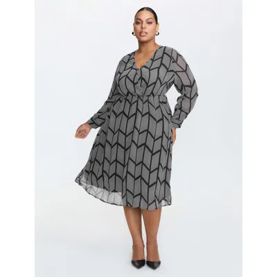 Bloomchic Women's Plus Size Monochrome Geometric Pattern Surplice Midi Dress Black Geometric Midi Office Wrap 