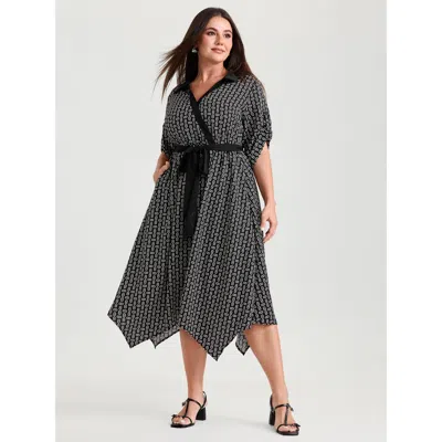 Bloomchic Women's Plus Size Monochrome Geometric Print Waist-tie Collar Midi Dress Black Geometric Midi Office