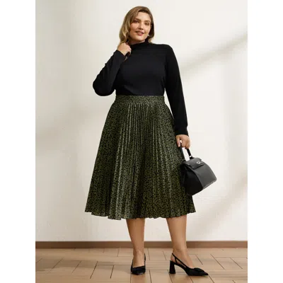 Bloomchic Women's Plus Size Monochrome Polka Dots Pleated Midi Skirt Armygreen Ruched A-line Office 10/m