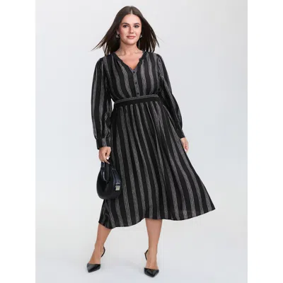 Bloomchic Women's Plus Size Monochrome Stripe Button Detail Midi Dress Black Stripes Midi Office 18-20/2x