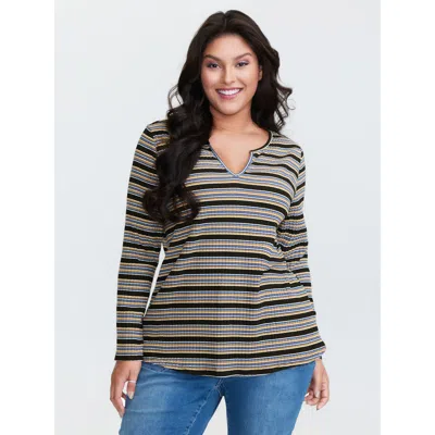 Bloomchic Women's Plus Size Monochrome Stripe Embroidery T-shirt Multicolor Stripes Casual Extra Long Sleeve 2