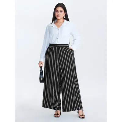 Bloomchic Women's Plus Size Monochrome Stripe Print Wide-leg Pants Black Stripes Wide Leg High Rise Office 10/