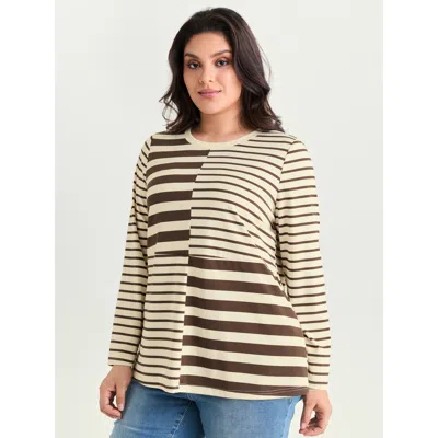 Bloomchic Women's Plus Size Monochrome Stripe Round Neck T-shirt Browncoffeecolor Stripes Casual Extra Long Sl
