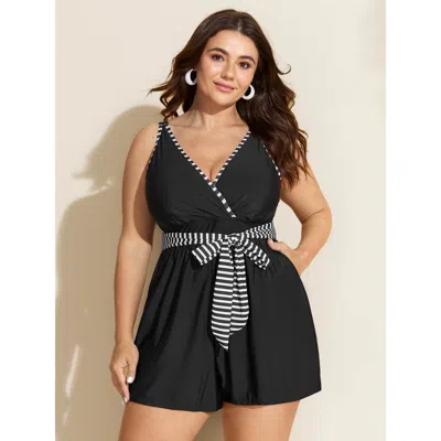 Bloomchic Women's Plus Size Monochrome Striped Belted One-piece Swimsuit Black Stripes Belted Adaptive-fit 10/