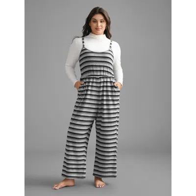 Bloomchic Women's Plus Size Monochrome Stripes Elastic Waist Pockets Pajama Jumpsuit Black Stripes Pajama Jump