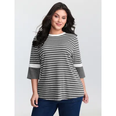 Bloomchic Women's Plus Size Monochrome Stripes Round Neck T-shirt Dimgray Synthetic Texture Casual 3/4 Sleeve 