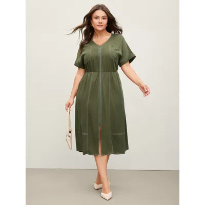 Bloomchic Women's Plus Size Monochrome Zipper Front Pockets Midi Dress Armygreen Non Midi Office 30/6x