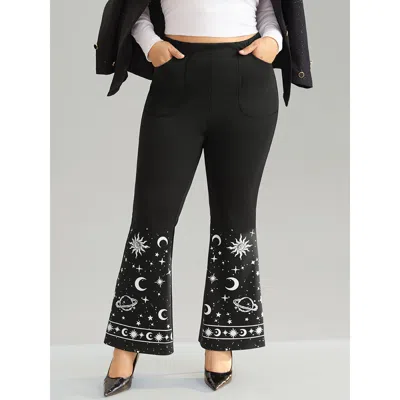 Bloomchic Women's Plus Size Moon & Star High Rise Elastic Waist Flare Leg Pants Black High Rise Festival-chris