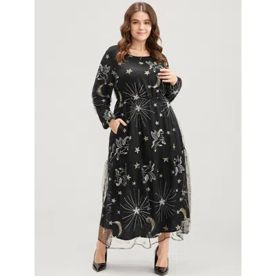 Bloomchic Women's Plus Size Moon And Star Pocket Lantern Sleeve Embroidered Mesh Dress Black Stars And Moons G