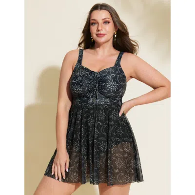 Bloomchic Women's Plus Size Moon Print Fit And Flare Swim Dress Black Star & Moon Lace-up Adjustable Straps 10