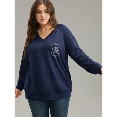 Bloomchic Women's Plus Size Moon Print V Neck Raglan Sleeve Sweatshirt Indigo Star And Moon Dailywear 12/l In Purple
