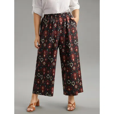 Bloomchic Women's Plus Size Moroccan Print Elastic Waist Wide Leg Pants Black High Rise Dailywear 10/m