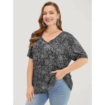 Bloomchic Women's Plus Size Moroccan Print Keyhole Tie Neck Blouse Black Office Short Sleeve 12/l