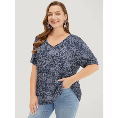 Bloomchic Women's Plus Size Moroccan Print Keyhole Tie Neck Blouse Indigo Office Short Sleeve 12/l In Purple
