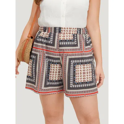 Bloomchic Women's Plus Size Moroccan Print Pocket Elastic Waist Shorts Multicolor Dailywear Elastic Waist Shor