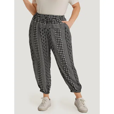 Bloomchic Women's Plus Size Moroccan Print Pocket Elastic Waist Ties Pants Black High Rise Dailywear 12/l