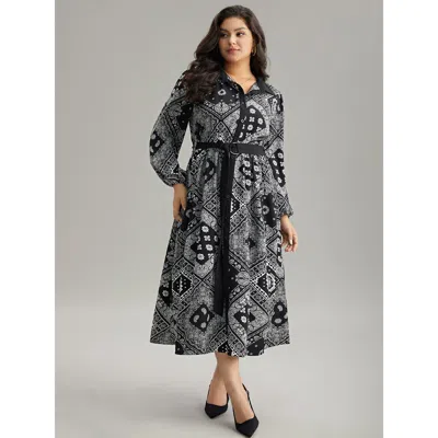 Bloomchic Women's Plus Size Moroccan Print Shirt Collar Belted Button Through Dress Black Office Elastic Cuffs