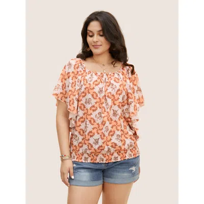 Bloomchic Women's Plus Size Moroccan Print Square Neck Dolman Sleeve Blouse Coral Bohemian Print Vacation Half In Orange