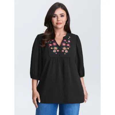 Bloomchic Women's Plus Size Multicolor Floral Embroidered Flowy Blouse Black Floral Elegant Long Sleeve V-notc